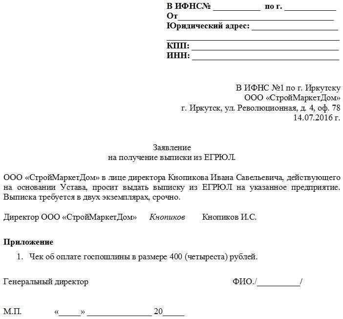 Получение выписки из ЕГРИП в налоговой инспекции: Шаблон запроса